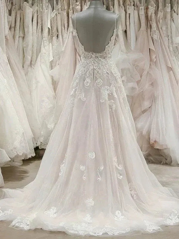 Boat Neck Bohemian Lace Tulle A-Line Luxurious lace and crepe construction Wedding Dress with Deep V-Neck