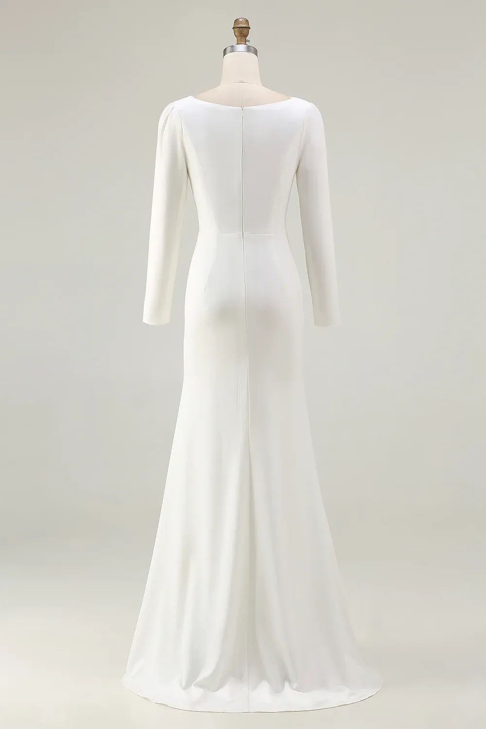 Boat Neck Crepe Mermaid Wedding Dress with Long Sleeves and Side Slit - Modern Bridal Gown