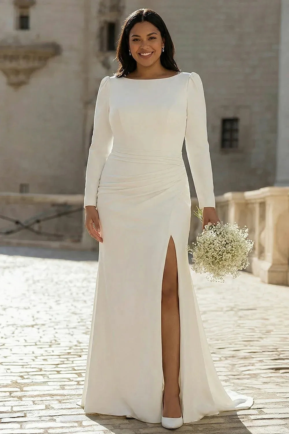 Boat Neck Crepe Mermaid Wedding Dress with Long Sleeves and Side Slit - Modern Bridal Gown