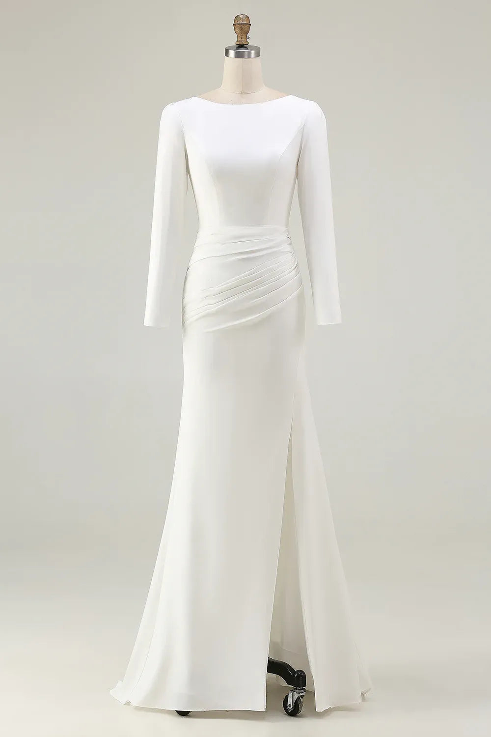Boat Neck Crepe Mermaid Wedding Dress with Long Sleeves and Side Slit - Modern Bridal Gown