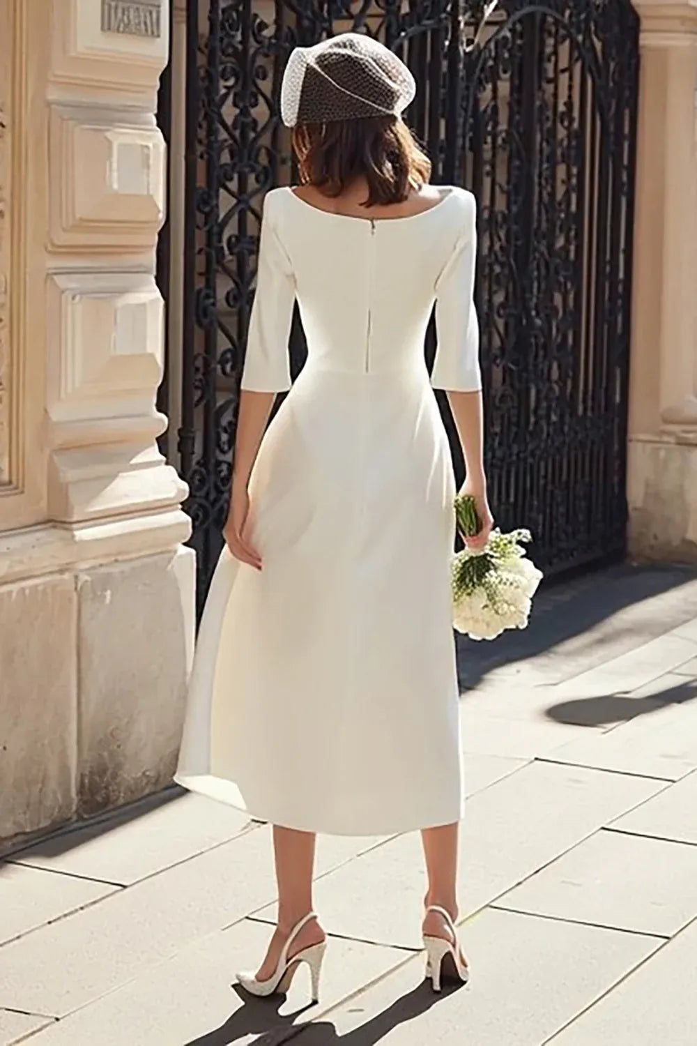 Boat Neck Crepe Midi Wedding Dress with Draped Skirt