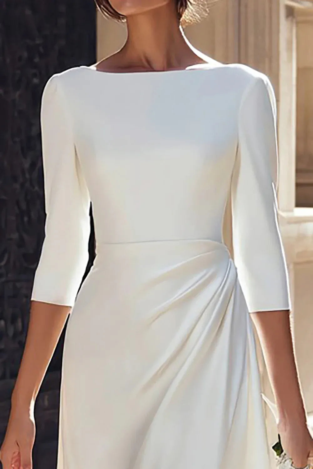 Boat Neck Crepe Midi Wedding Dress with Draped Skirt