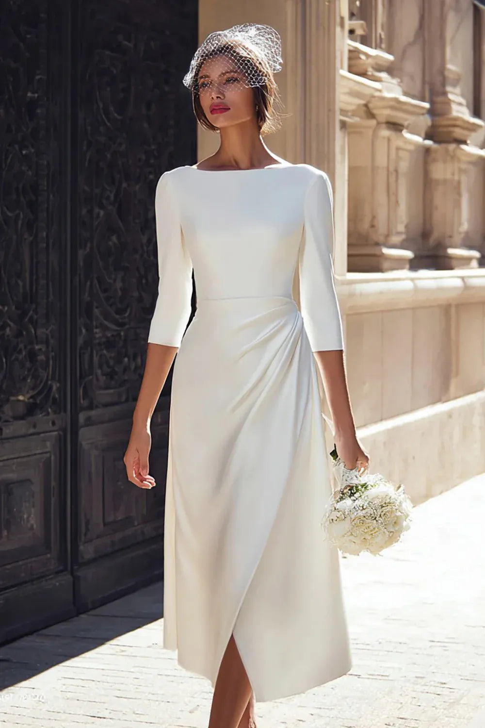 Boat Neck Crepe Midi Wedding Dress with Draped Skirt