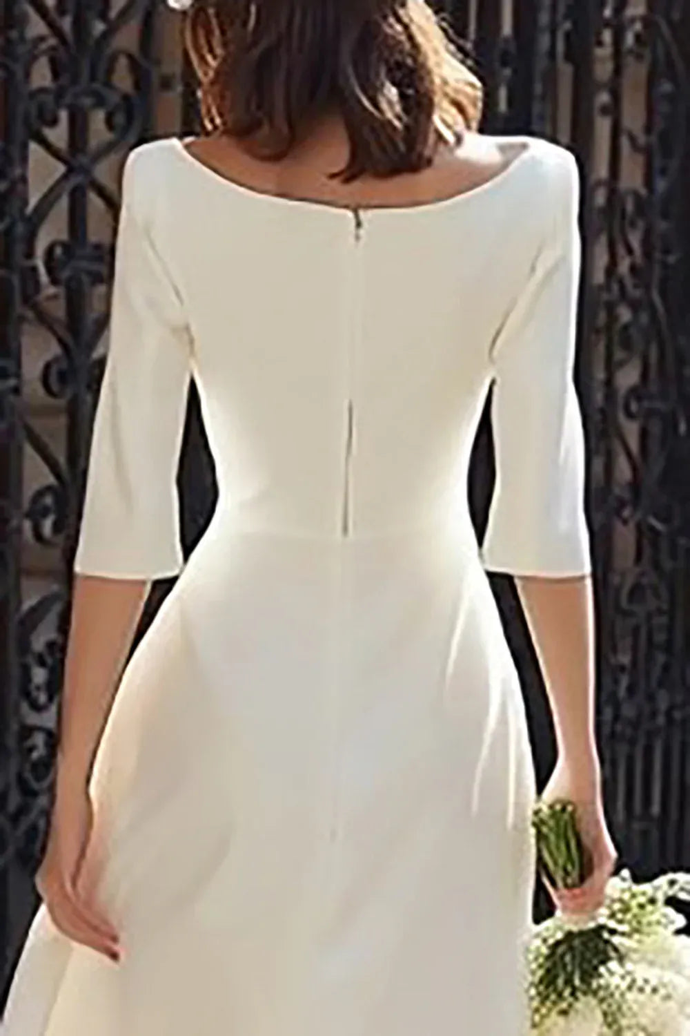 Boat Neck Crepe Midi Wedding Dress with Draped Skirt