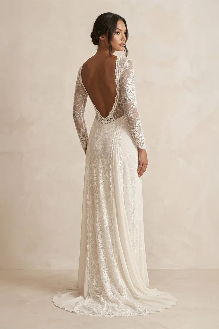 Boat Neck Long Sleeve Lace Mermaid Wedding Dress with Low Back