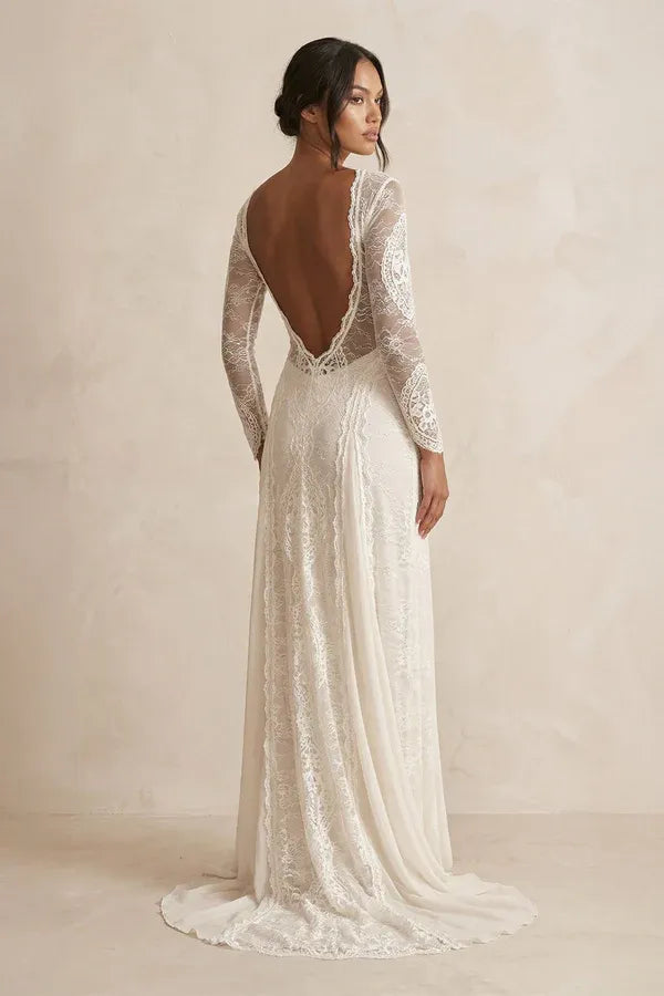 Boat Neck Long Sleeve Lace Mermaid Wedding Dress with Low Back