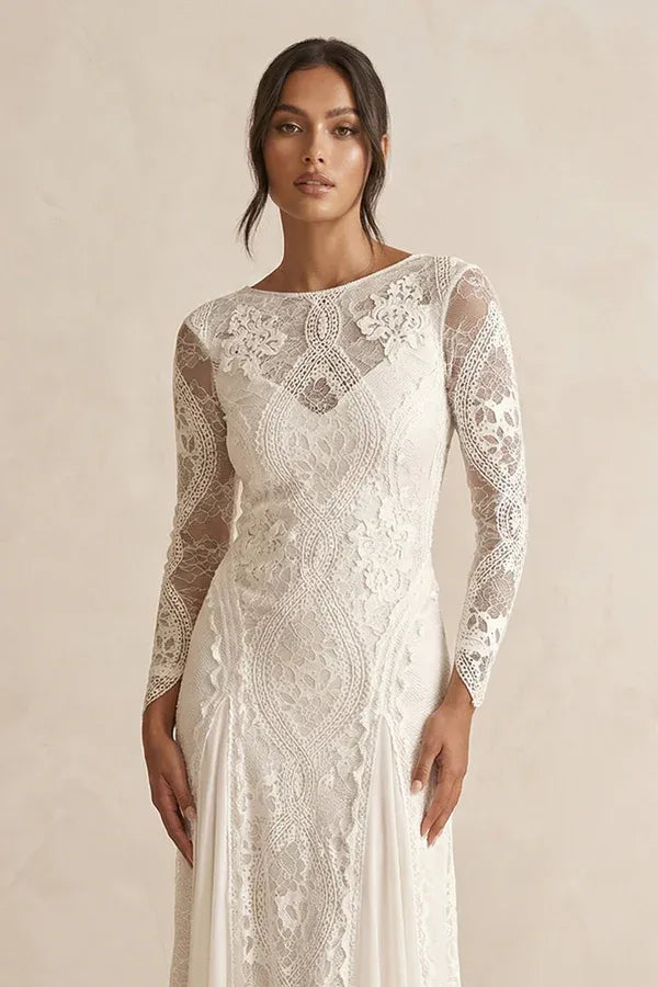 Boat Neck Long Sleeve Lace Mermaid Wedding Dress with Low Back