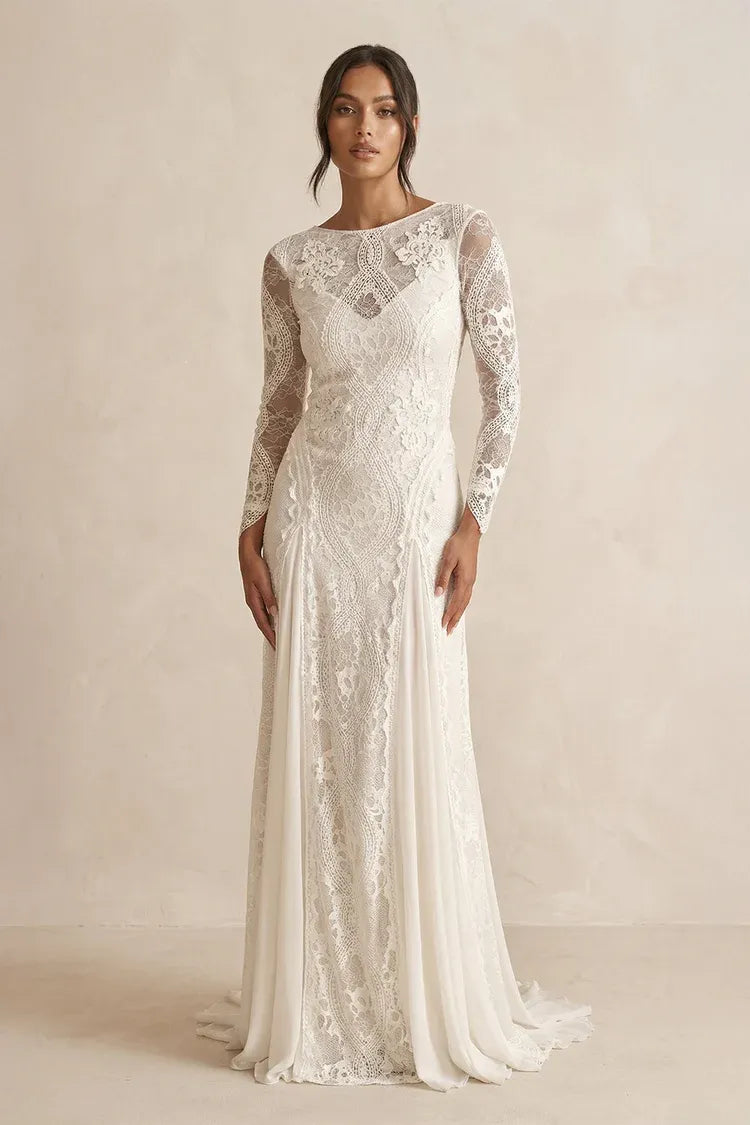 Boat Neck Long Sleeve Lace Mermaid Wedding Dress with Low Back