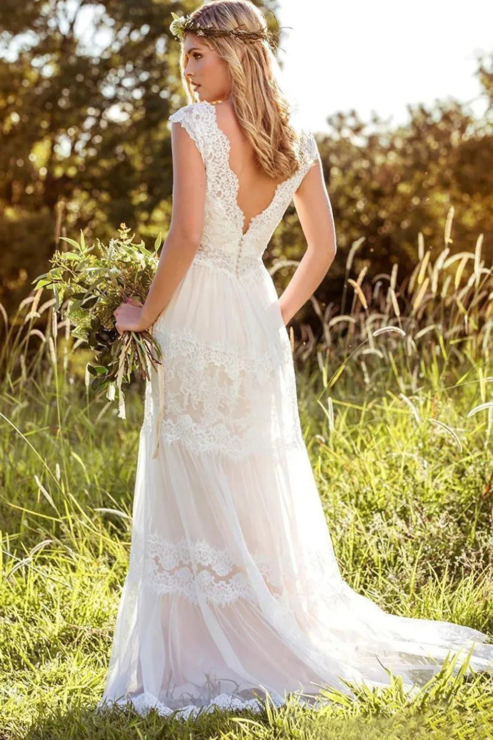 Bohemian Lace Tulle A-Line Wedding Dress with Cap Sleeves & Illusion Waist - Rustic Bridal Gown