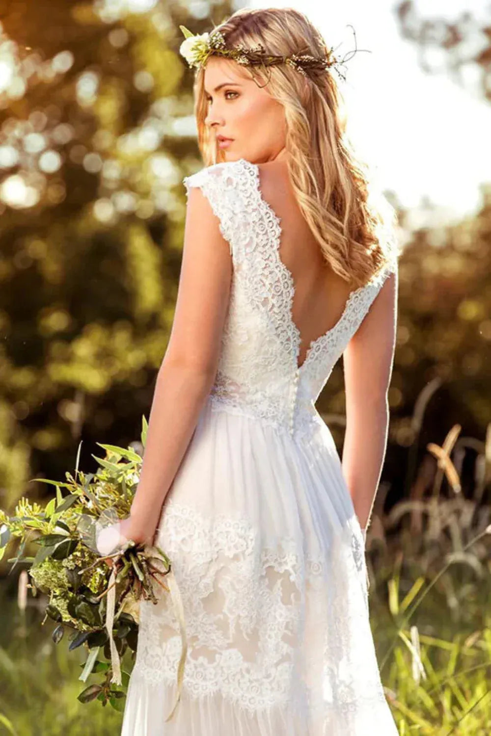 Bohemian Lace Tulle A-Line Wedding Dress with Cap Sleeves & Illusion Waist - Rustic Bridal Gown