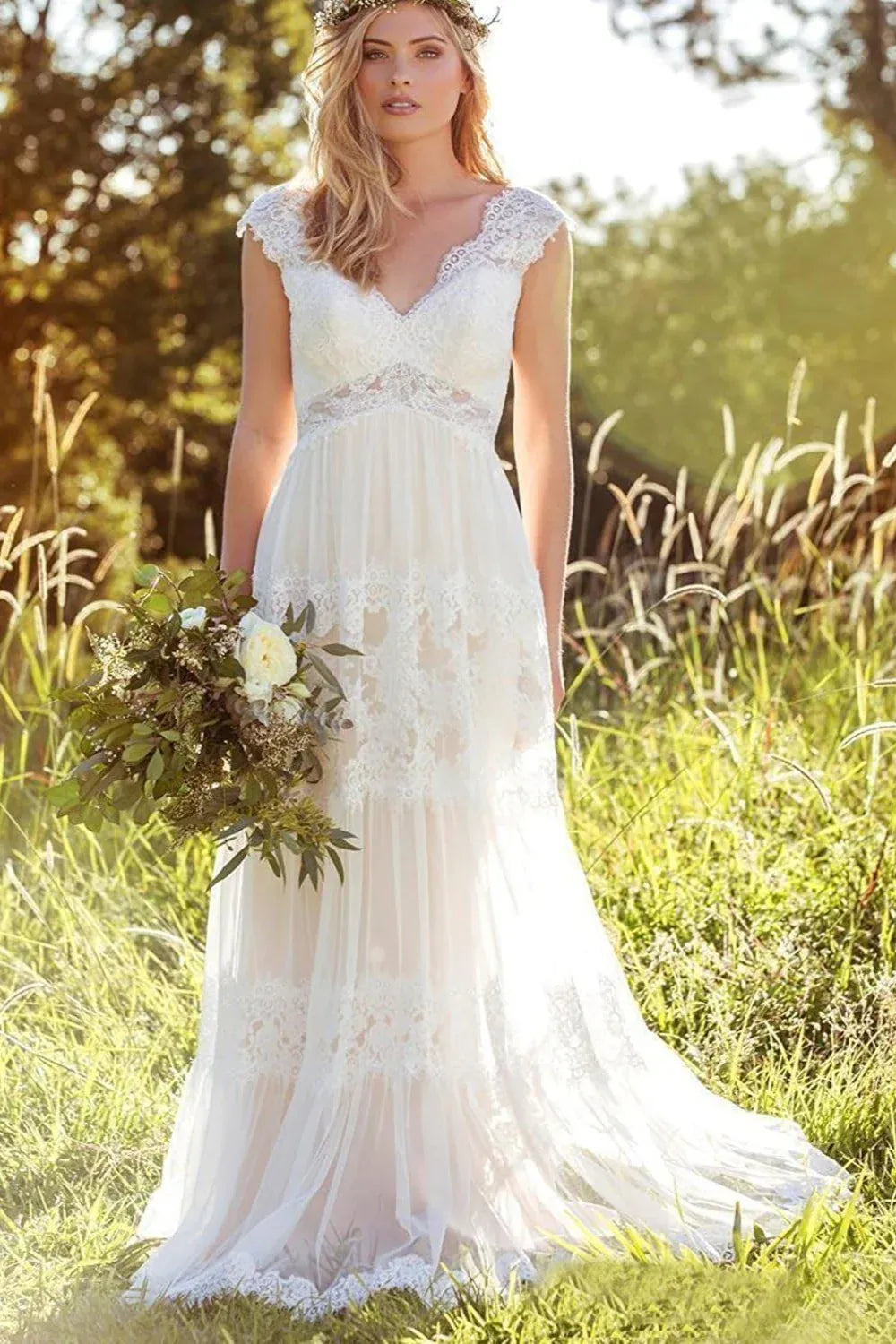 Bohemian Lace Tulle A-Line Wedding Dress with Cap Sleeves & Illusion Waist - Rustic Bridal Gown