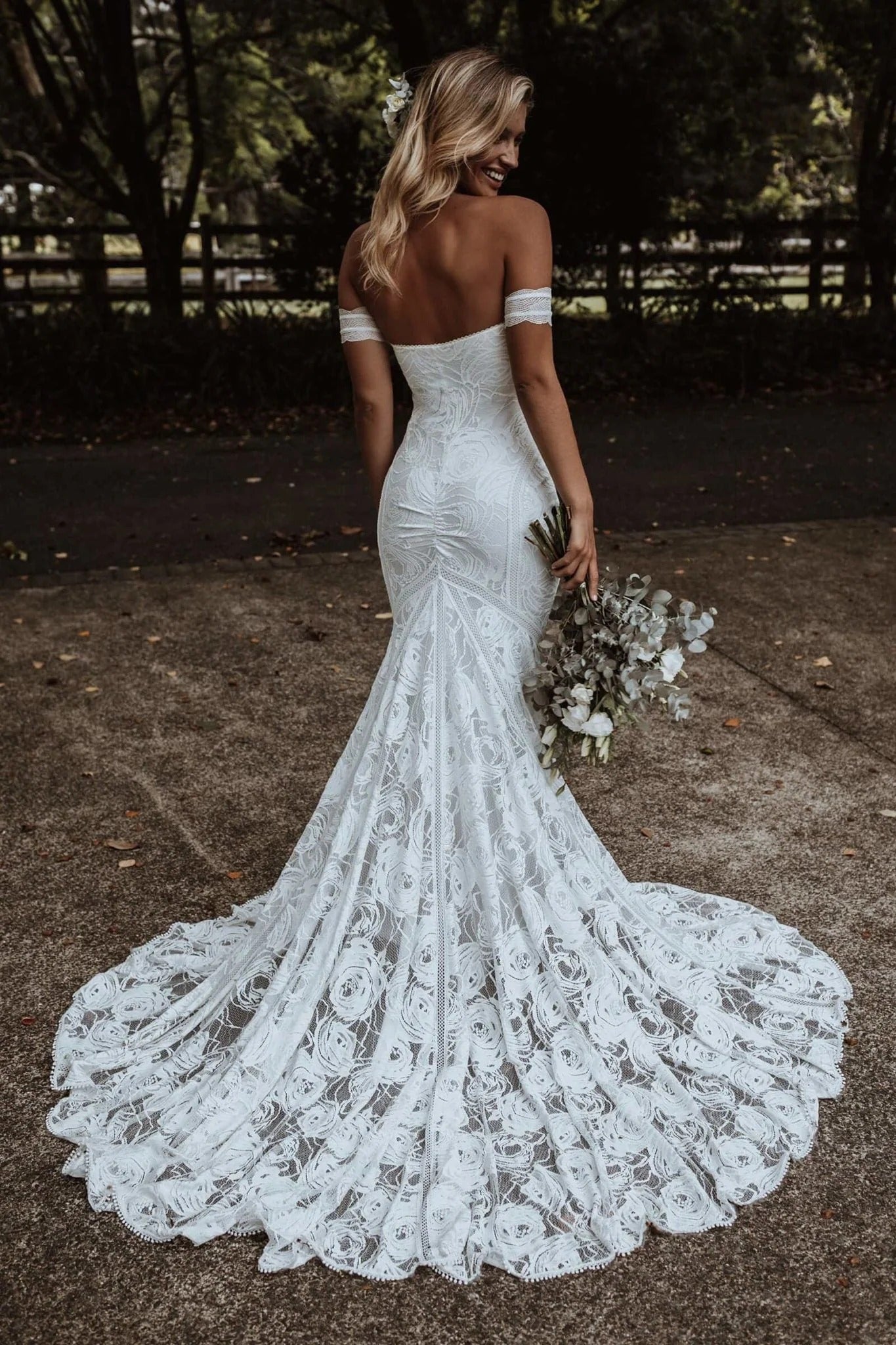 Bohemian Off-the-Shoulder White Rose Lace Mermaid Wedding Dress with Scalloped Train