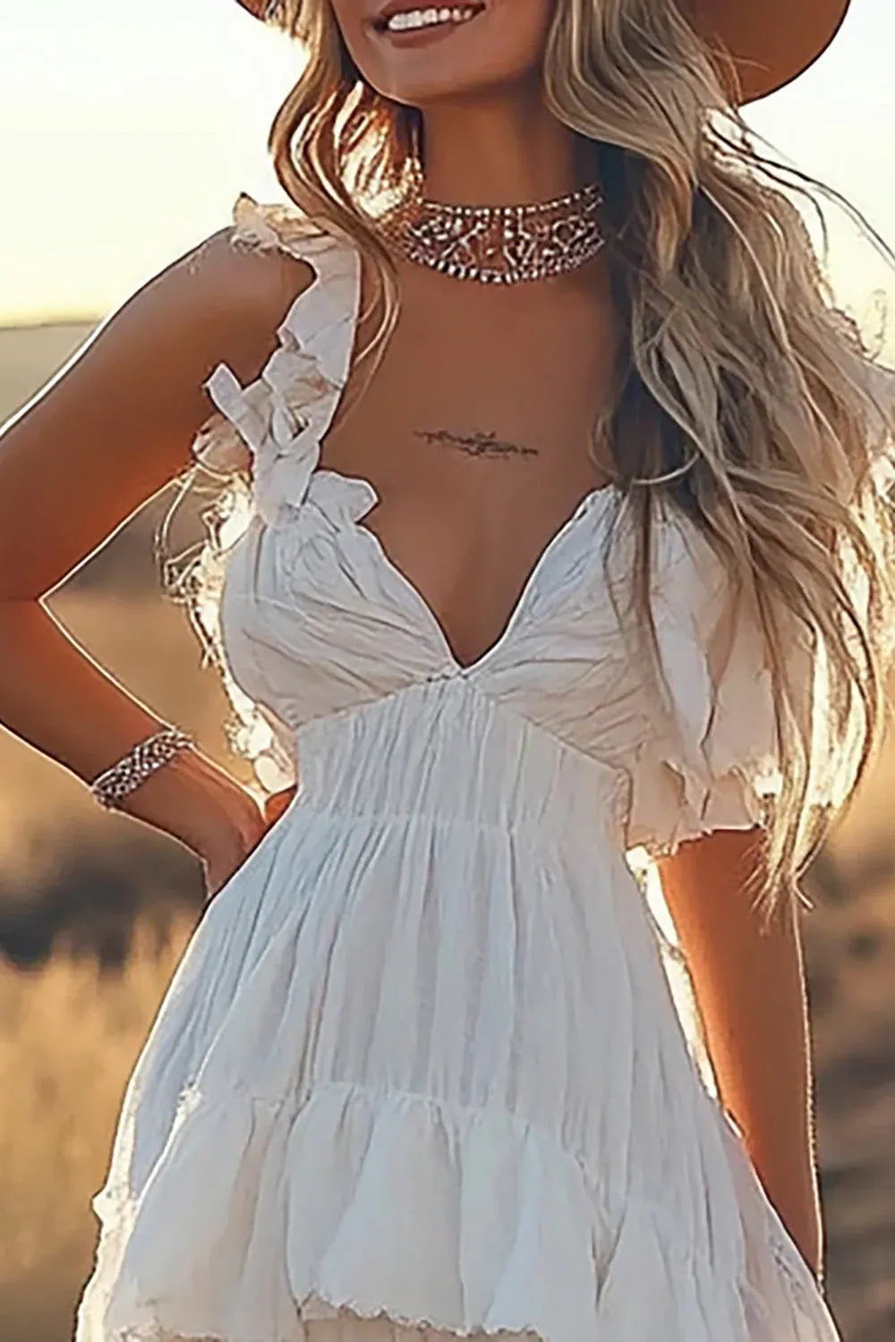 Bohemian V-Neck Tiered Ruffle High-Low Wedding Dress - Western Bridal Gown