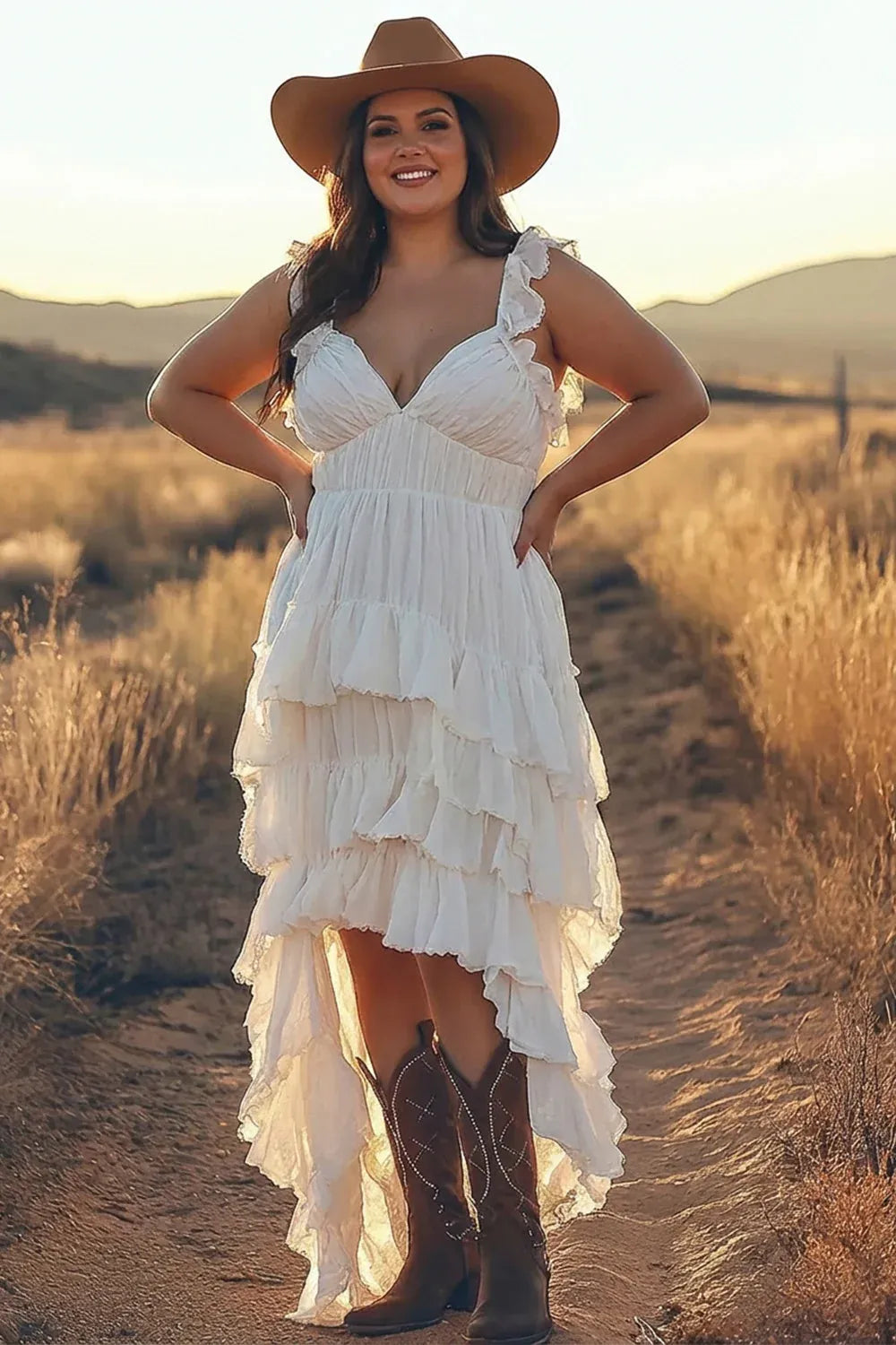 Bohemian V-Neck Tiered Ruffle High-Low Wedding Dress - Western Bridal Gown