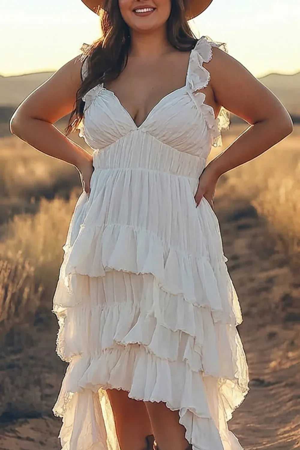 Bohemian V-Neck Tiered Ruffle High-Low Wedding Dress - Western Bridal Gown