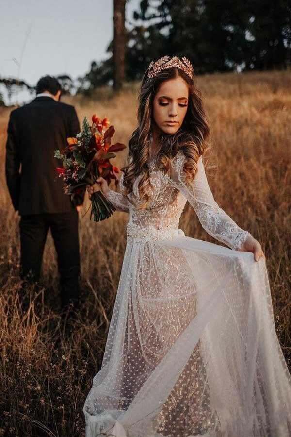 Dingji Simple Boho Long Sleeve V-Neck Wedding Dresses Lace Bohemian Backless Wedding Gowns