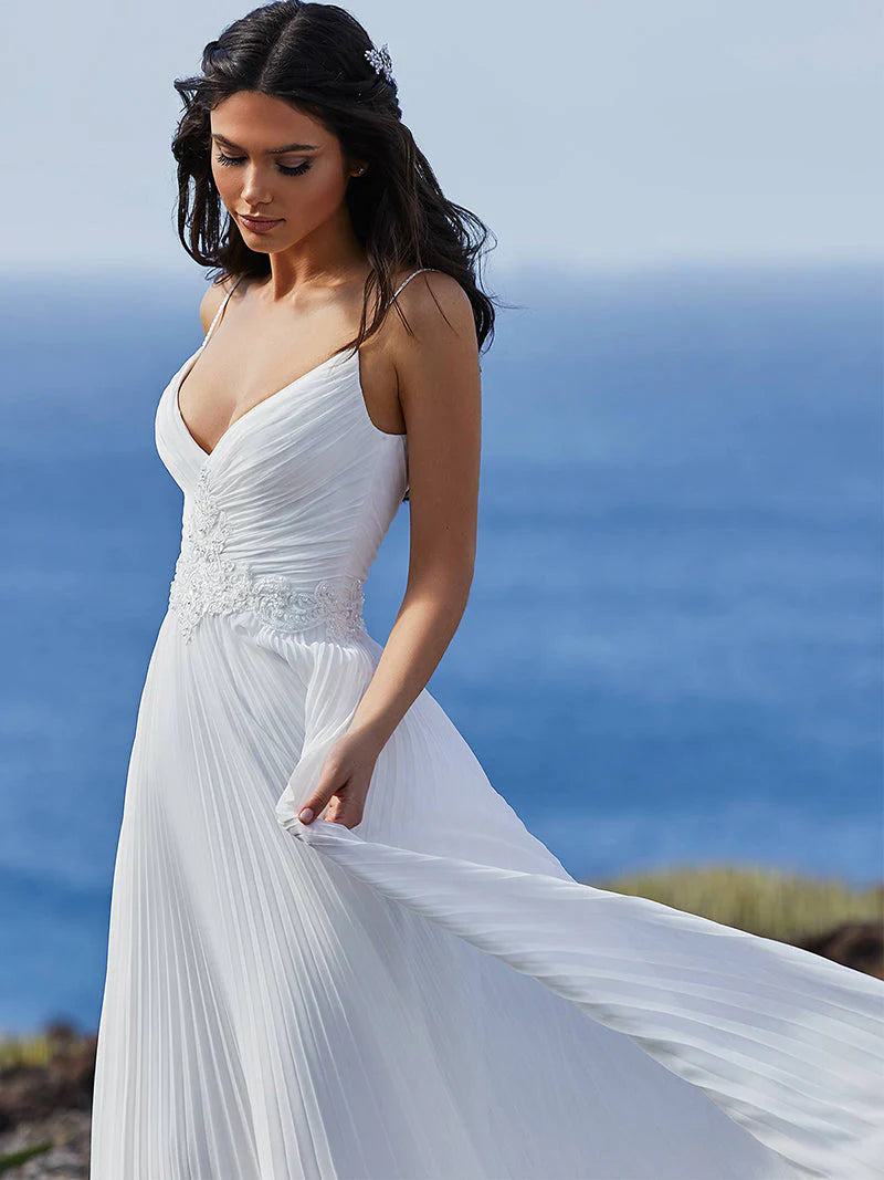 Boho Spaghetti Straps V Neck Beach Wedding Dresses with Beading
