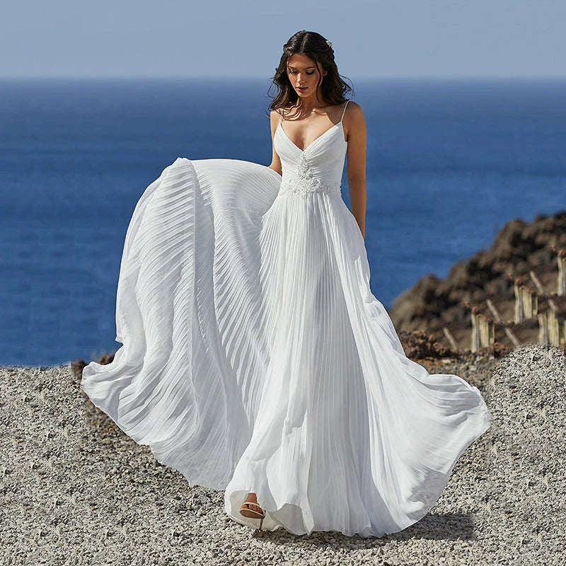 Boho Spaghetti Straps V Neck Beach Wedding Dresses with Beading