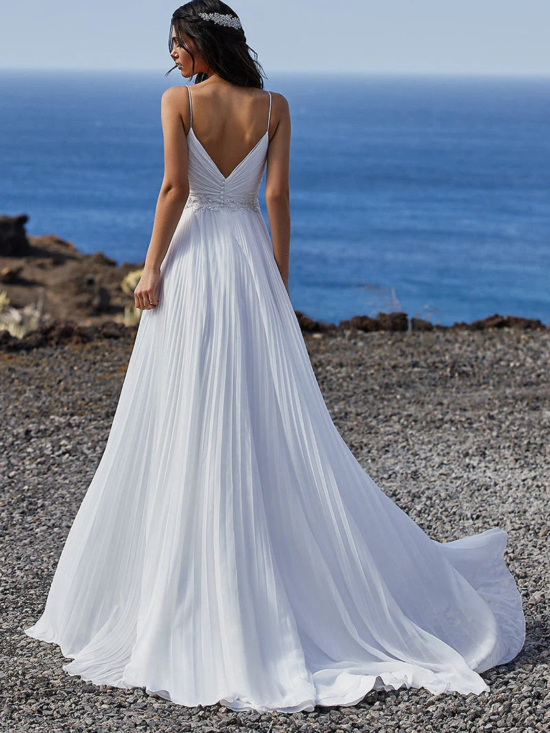 Boho Spaghetti Straps V Neck Beach Wedding Dresses with Beading