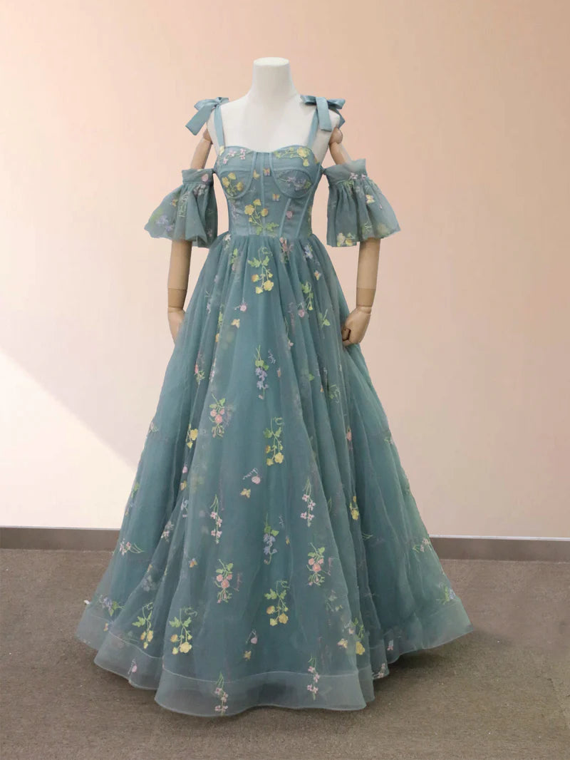 A-Line Tulle Off-the-Shoulder Floor-Length 3D Yellow Floral Quinceanera Dress with Embroidery