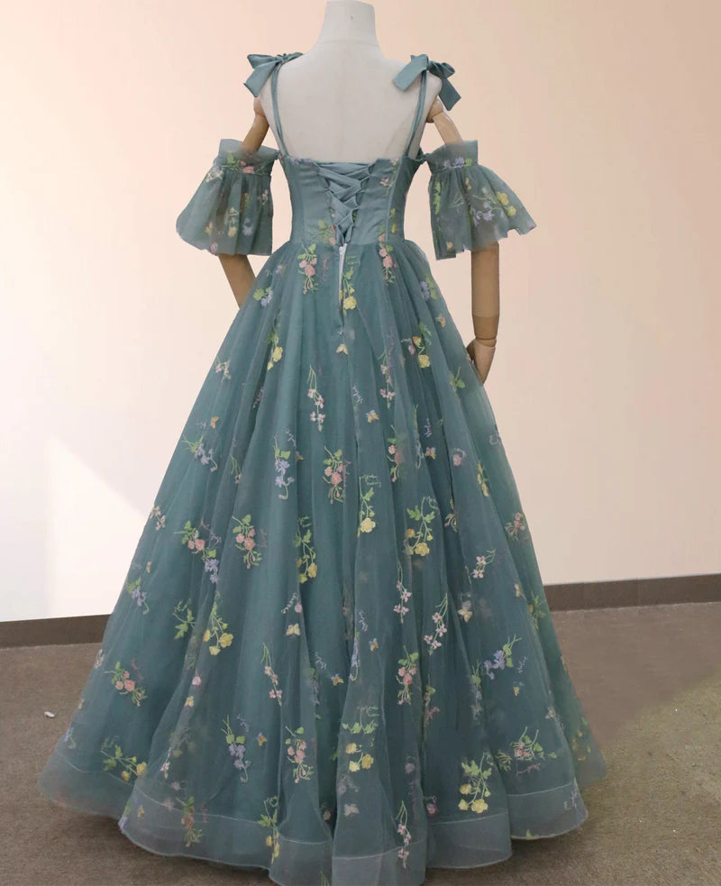 A-Line Tulle Off-the-Shoulder Floor-Length 3D Yellow Floral Quinceanera Dress with Embroidery