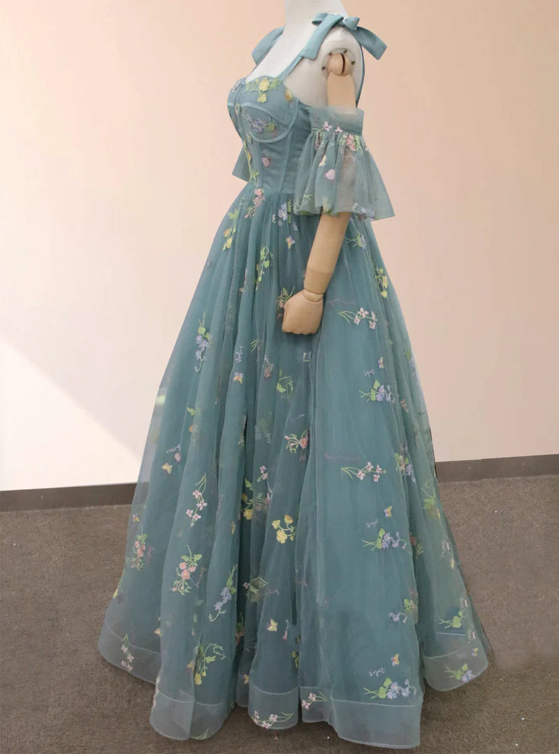A-Line Tulle Off-the-Shoulder Floor-Length 3D Yellow Floral Quinceanera Dress with Embroidery