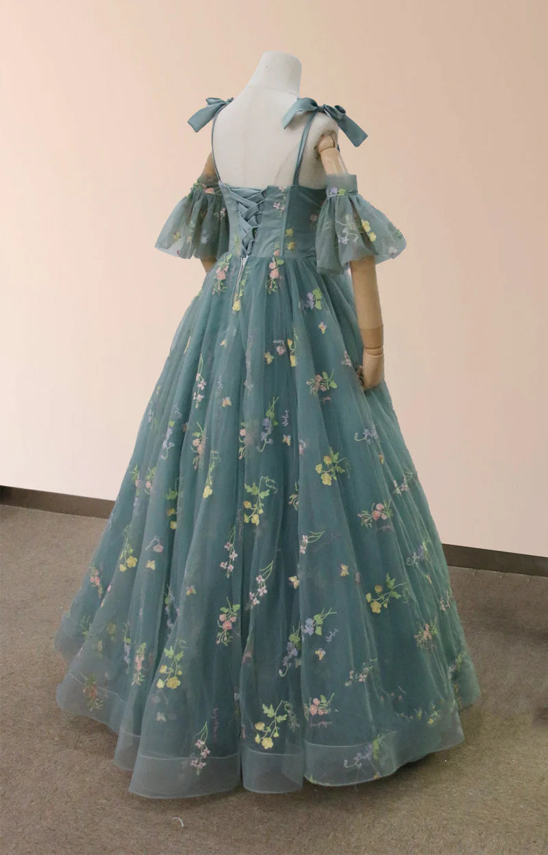 A-Line Tulle Off-the-Shoulder Floor-Length 3D Yellow Floral Quinceanera Dress with Embroidery