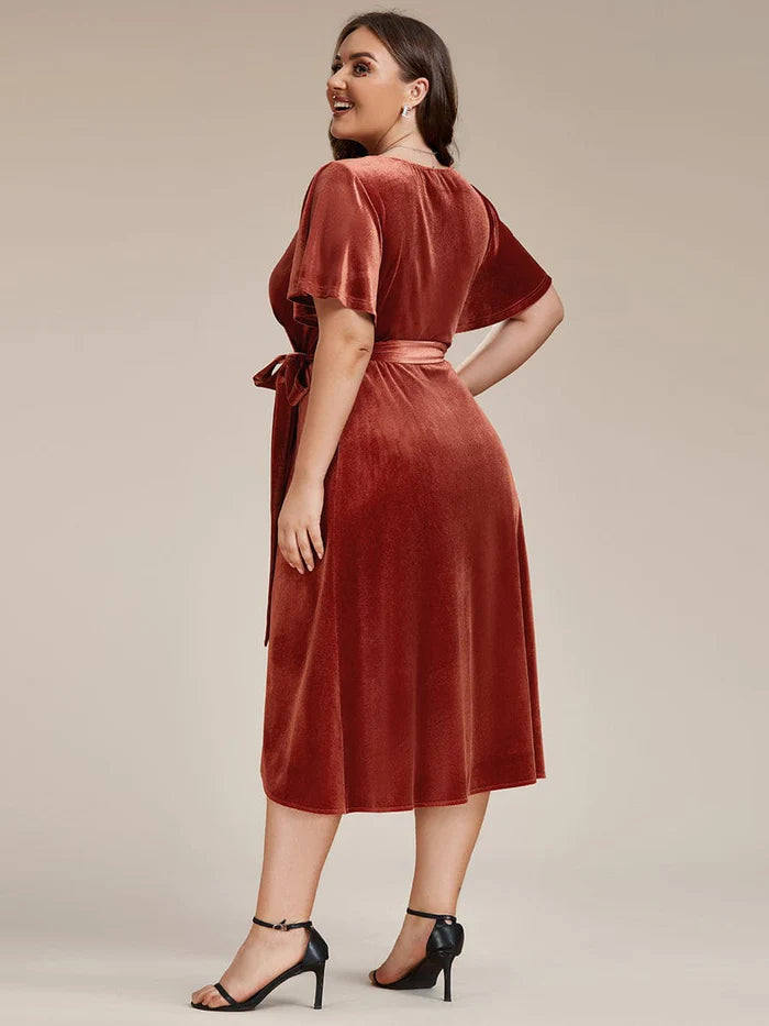 Plus Size V-Neck Ruffles Sleeve Velvet One-Piece Type Wedding Guest Dress