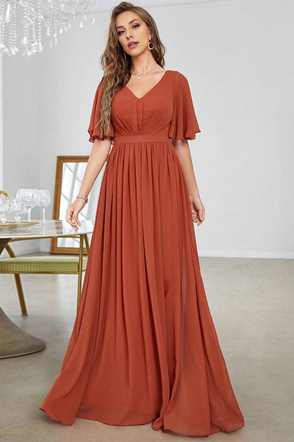 A-Line V-Neck Pleated Brick Red Mother of the Bride Dress With Short Sleeves