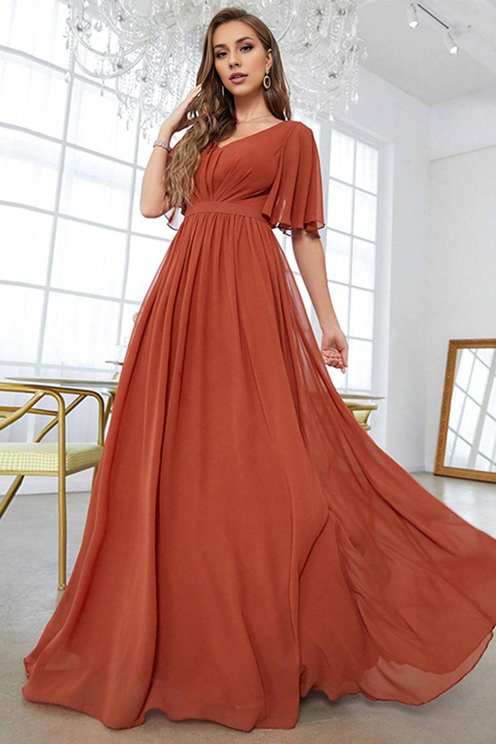 A-Line V-Neck Pleated Brick Red Mother of the Bride Dress With Short Sleeves