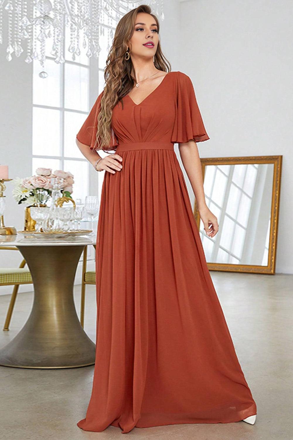 A-Line V-Neck Pleated Brick Red Mother of the Bride Dress With Short Sleeves