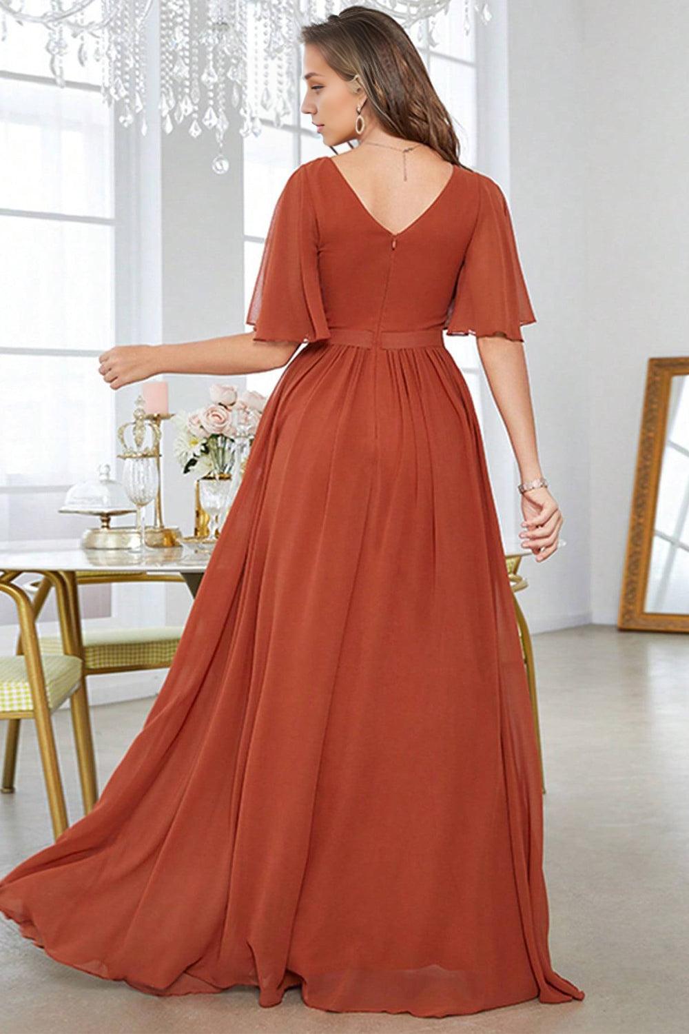 A-Line V-Neck Pleated Brick Red Mother of the Bride Dress With Short Sleeves