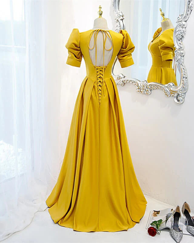 Yellow Satin Backless Evening Dress With Sleeves