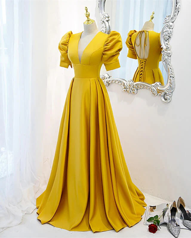 Yellow Satin Backless Evening Dress With Sleeves