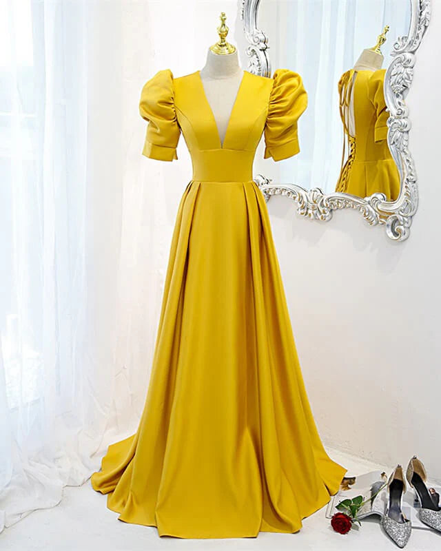 Yellow Satin Backless Evening Dress With Sleeves