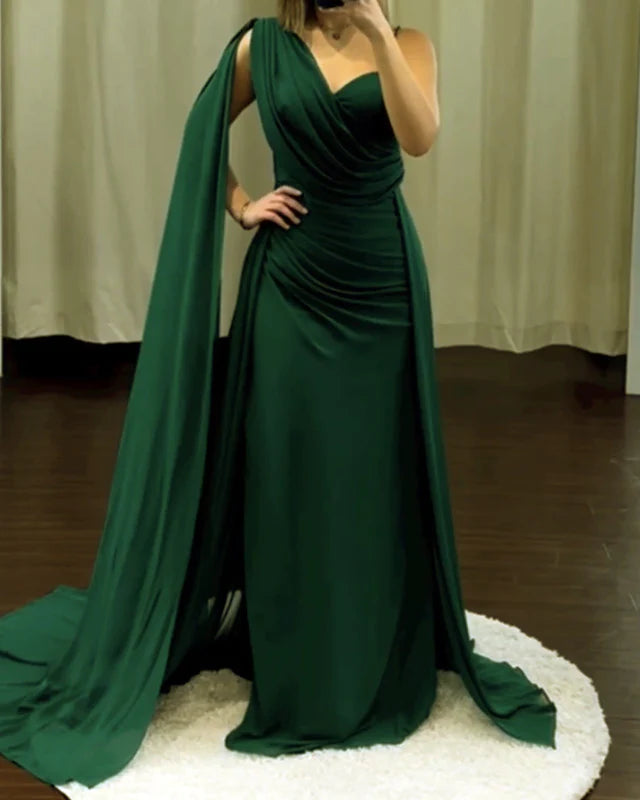 Mermaid Green Jersey Gown With Cape