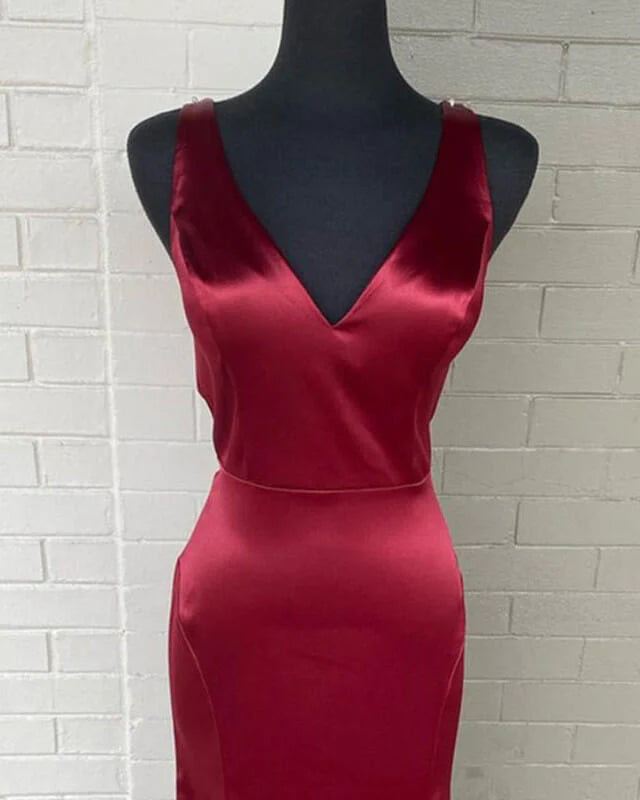 Long Mermaid V Neck Satin Evening Dresses