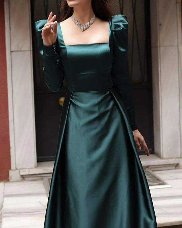 Dark Green Long Sleeve Satin Gown Evening Dresses