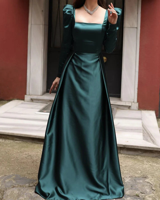 Dark Green Long Sleeve Satin Gown Evening Dresses