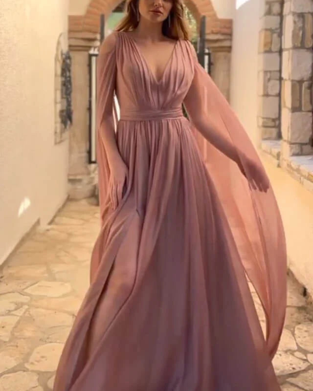 Dusty Rose Chiffon Cape Sleeve Evening Dress