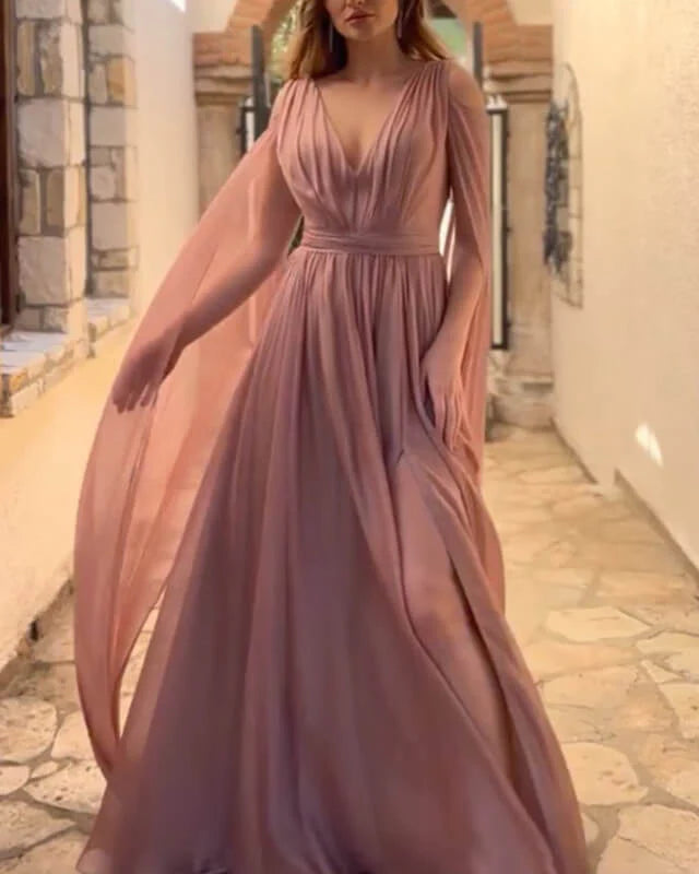Dusty Rose Chiffon Cape Sleeve Evening Dress