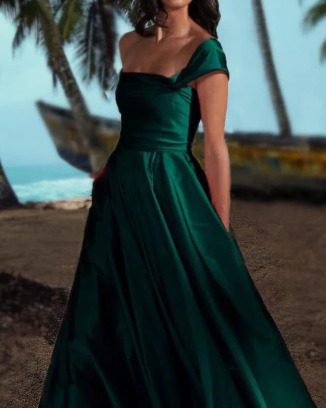 Dark Green One Shoulder Satin Evening Dress