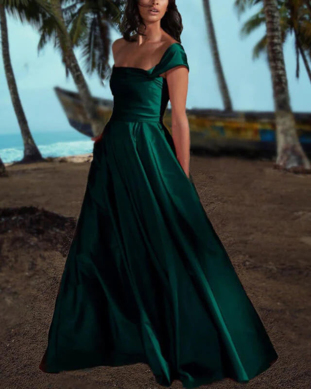 Dark Green One Shoulder Satin Evening Dress