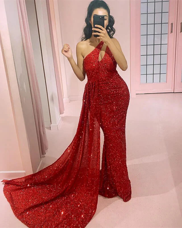 Red Sequin Beaded One Shoulder Evening Dress