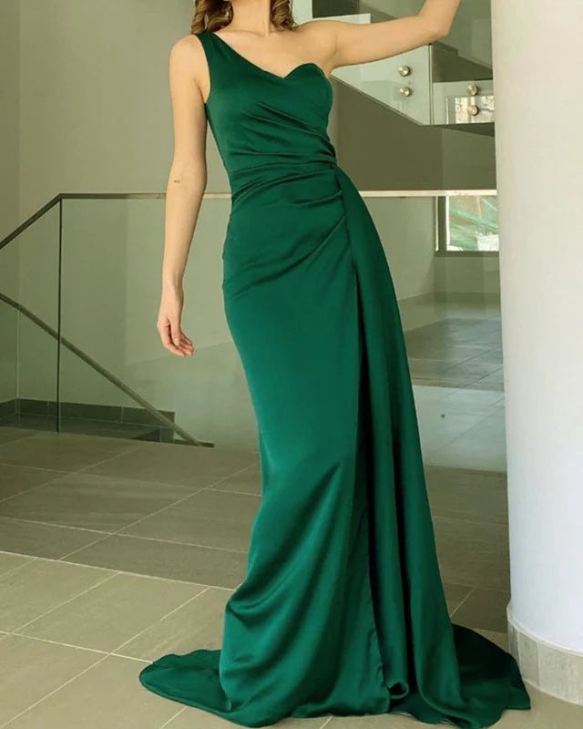 Mermaid Emerald Satin One Shoulder Evening Dress