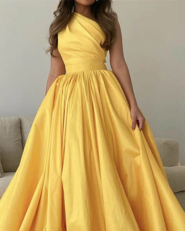 Bright Yellow Satin One Shoulder Evening Dress
