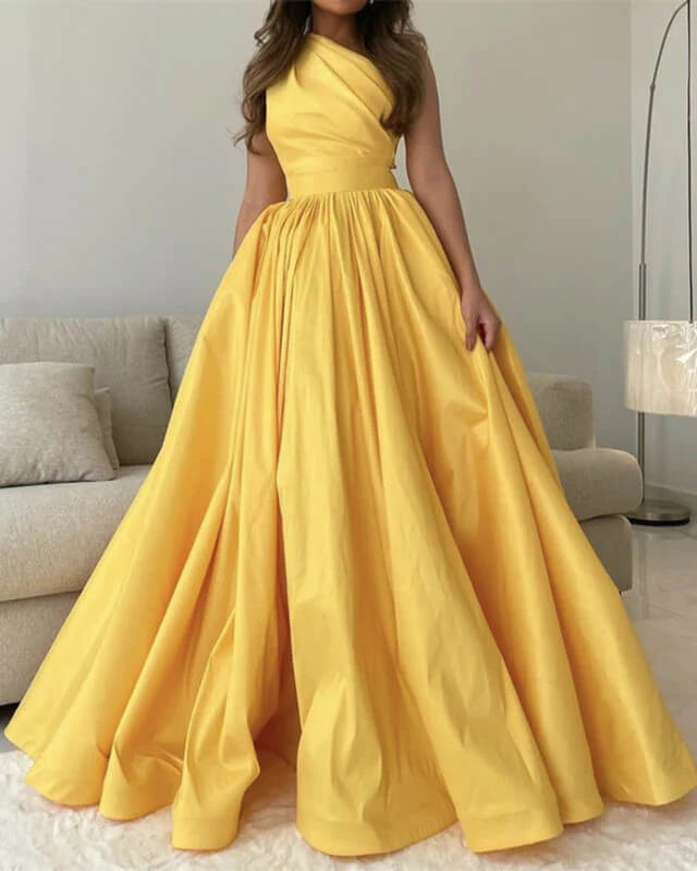 Bright Yellow Satin One Shoulder Evening Dress