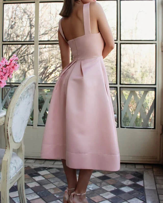 A-line Soft Pink Satin Homecoming Dress With Pockets