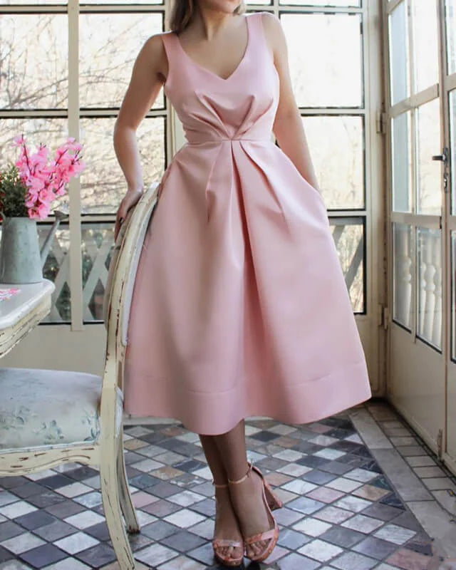 A-line Soft Pink Satin Homecoming Dress With Pockets