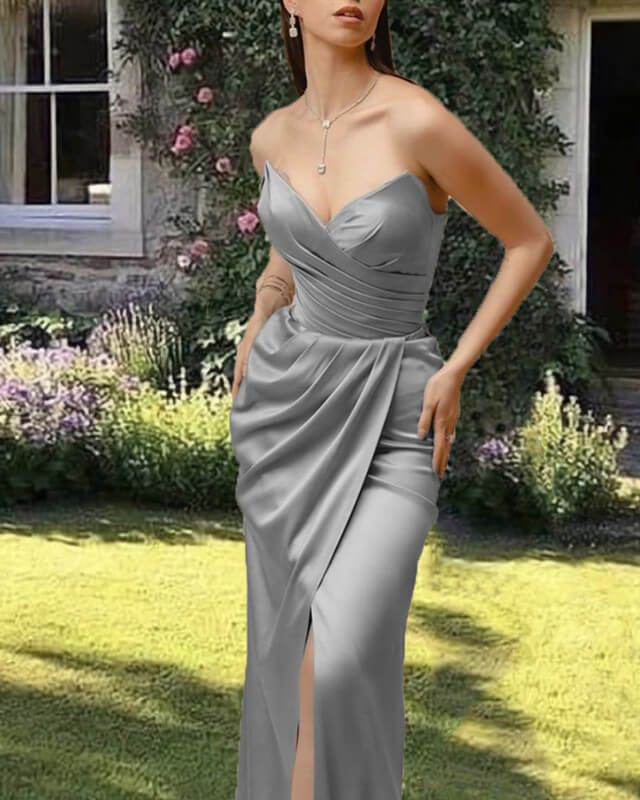 Silver Satin Sleeveless Split Evening Dress